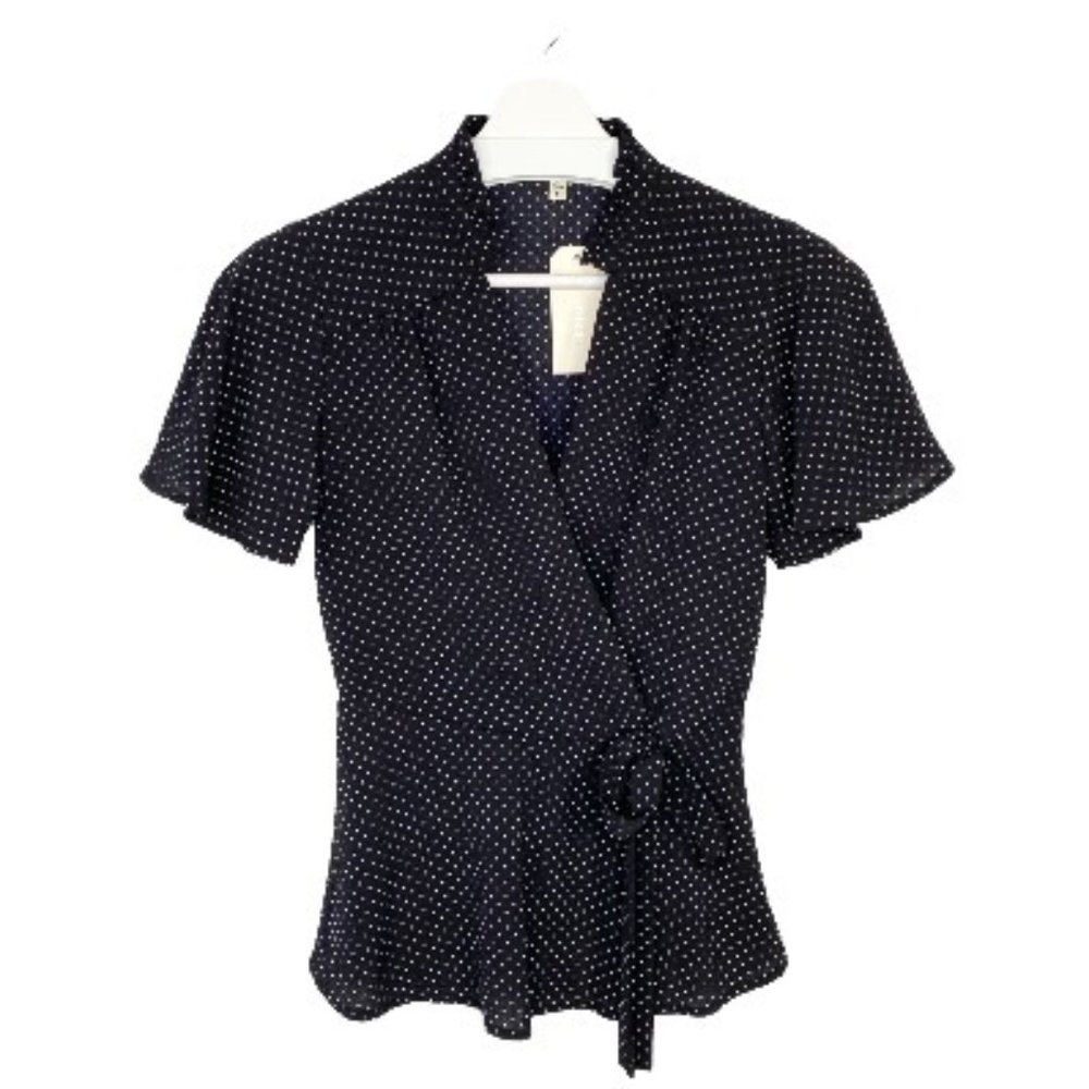 MONTEAU Black Polka Dot Faux Wrap Blouse S NWT